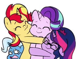 Size: 900x700 | Tagged: safe, artist:little-tweenframes, banned from derpibooru, deleted from derpibooru, derpibooru import, sci-twi, starlight glimmer, sunset shimmer, trixie, twilight sparkle, ponified, pony, unicorn, series:sciset diary, :3, counterparts, cute, eyes closed, glasses, glimmerbetes, hug, magical quartet, shimmerbetes, simple background, smiling, starlight day, twiabetes, twilight's counterparts