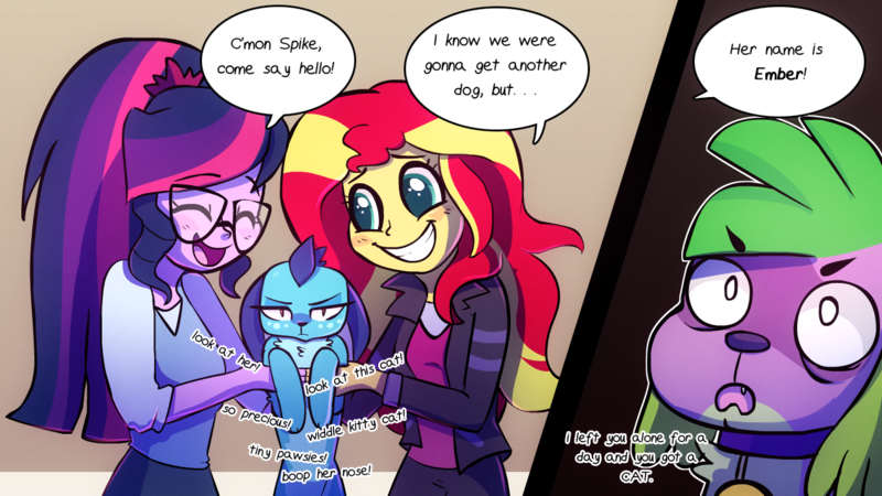 Size: 1280x720 | Tagged: safe, artist:little-tweenframes, banned from derpibooru, deleted from derpibooru, derpibooru import, princess ember, sci-twi, spike, spike the regular dog, sunset shimmer, twilight sparkle, cat, dog, series:sciset diary, equestria girls, betrayal, blushing, chest fluff, clothes, cute, dialogue, ember the cat, emberbetes, eyes closed, female, frown, glare, grin, happy, holding, lesbian, lidded eyes, looking at you, open mouth, pure unfiltered evil, scitwishimmer, shimmerbetes, shipping, slit eyes, smiling, spikabetes, squee, sunsetsparkle, unamused, wide eyes