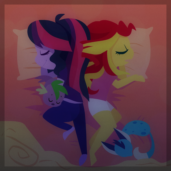 Size: 752x752 | Tagged: safe, artist:little-tweenframes, banned from derpibooru, deleted from derpibooru, derpibooru import, princess ember, sci-twi, spike, spike the regular dog, sunset shimmer, twilight sparkle, cat, dog, series:sciset diary, equestria girls, bed, catified, clothes, cute, ember the cat, emberbetes, female, lesbian, lineless, pajamas, pillow, scitwishimmer, shimmerbetes, shipping, sleeping, species swap, spikabetes, sunsetsparkle, twiabetes