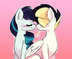 Size: 1000x818 | Tagged: safe, artist:little-tweenframes, banned from derpibooru, deleted from derpibooru, derpibooru import, coloratura, songbird serenade, earth pony, pegasus, pony, my little pony: the movie, blushing, colorenade, crack shipping, eyes closed, female, hair over eyes, lesbian, shipping, smiling
