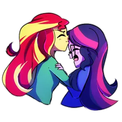 Size: 1000x1000 | Tagged: safe, artist:little-tweenframes, banned from derpibooru, deleted from derpibooru, derpibooru import, sci-twi, sunset shimmer, twilight sparkle, series:sciset diary, equestria girls, alternate hairstyle, female, forehead kiss, kissing, lesbian, scitwishimmer, shipping, sunsetsparkle