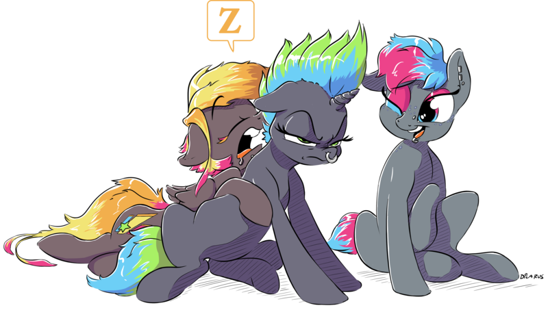 Size: 4579x2593 | Tagged: safe, artist:dilarus, banned from derpibooru, deleted from derpibooru, derpibooru import, oc, oc:bass (dilarus), oc:beat (dilarus), oc:melody (dilarus), unofficial characters only, earth pony, pegasus, pony, unicorn, absurd resolution, annoyed, ear piercing, earring, eyeshadow, jewelry, lip piercing, makeup, nose piercing, nose ring, piercing, sleeping, trio