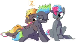Size: 4579x2593 | Tagged: safe, artist:dilarus, banned from derpibooru, deleted from derpibooru, derpibooru import, oc, oc:bass (dilarus), oc:beat (dilarus), oc:melody (dilarus), unofficial characters only, earth pony, pegasus, pony, unicorn, absurd resolution, annoyed, ear piercing, earring, eyeshadow, jewelry, lip piercing, makeup, nose piercing, nose ring, piercing, sleeping, trio