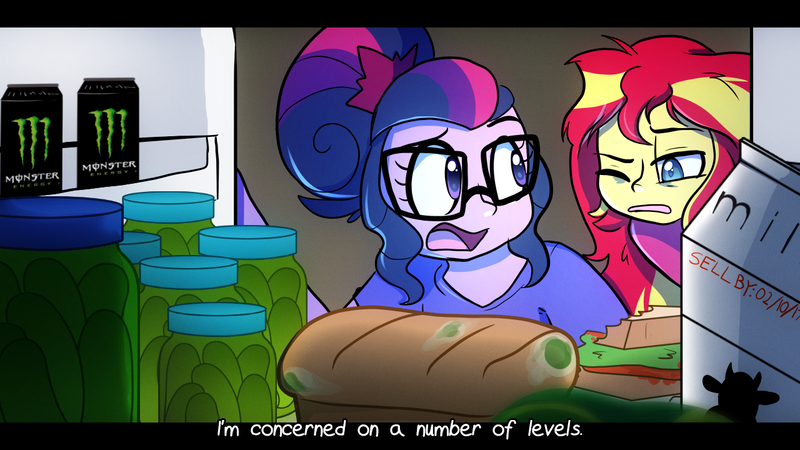 Size: 1280x720 | Tagged: safe, artist:little-tweenframes, banned from derpibooru, deleted from derpibooru, derpibooru import, sci-twi, sunset shimmer, twilight sparkle, series:sciset diary, equestria girls, female, food, lesbian, monster energy, pickle, scitwishimmer, shipping, sunsetsparkle