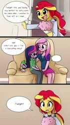 Size: 720x1280 | Tagged: safe, artist:little-tweenframes, banned from derpibooru, deleted from derpibooru, derpibooru import, princess cadance, sci-twi, spike, spike the regular dog, sunset shimmer, twilight sparkle, dog, comic:canine advisory, series:sciset diary, equestria girls, clothes, comic, couch, dean cadance, dialogue, female, lesbian, sad, scitwishimmer, shipping, sitting, skirt, sunsetsparkle, worried