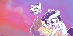 Size: 4000x2000 | Tagged: safe, artist:dilarus, banned from derpibooru, deleted from derpibooru, derpibooru import, applejack, rarity, earth pony, pony, unicorn, meet-the-pones, comic, cowboy hat, desperation, dialogue, female, floppy ears, freckles, hat, imminent kissing, lesbian, mare, open mouth, rarijack, shipping, shrunken pupils, stetson, surprised, sweat, wallpaper, yelling