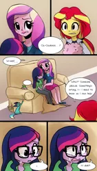 Size: 720x1280 | Tagged: safe, artist:little-tweenframes, banned from derpibooru, deleted from derpibooru, derpibooru import, princess cadance, princess ember, sci-twi, spike, spike the regular dog, sunset shimmer, twilight sparkle, cat, dog, comic:canine advisory, series:sciset diary, equestria girls, catified, clothes, comic, couch, crying, dean cadance, ember the cat, female, lesbian, scitwishimmer, shipping, skirt, species swap, sunsetsparkle, worried