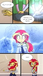 Size: 720x1280 | Tagged: safe, artist:little-tweenframes, banned from derpibooru, deleted from derpibooru, derpibooru import, sci-twi, sunset shimmer, twilight sparkle, comic:canine advisory, series:sciset diary, equestria girls, clothes, comic, confused, dialogue, female, flashback, implied magical lesbian spawn, lesbian, magic, pregnancy test, scitwishimmer, shipping, sunsetsparkle, white eyes