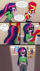 Size: 720x1280 | Tagged: safe, artist:little-tweenframes, banned from derpibooru, deleted from derpibooru, derpibooru import, princess cadance, princess ember, sci-twi, sunset shimmer, twilight sparkle, cat, comic:canine advisory, series:sciset diary, equestria girls, catified, clothes, comic, crying, dean cadance, dialogue, ember the cat, female, glasses, hug, lesbian, open mouth, sad, scitwishimmer, shipping, species swap, speech bubble, sunsetsparkle