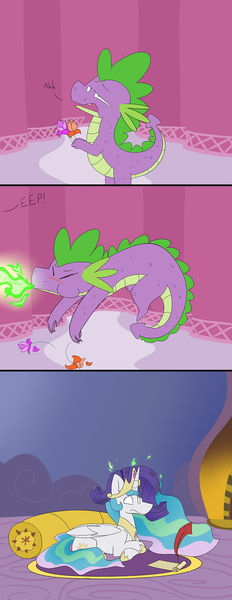 Size: 743x1920 | Tagged: safe, artist:input-command, banned from derpibooru, deleted from derpibooru, derpibooru import, princess celestia, rarity, spike, alicorn, dragon, pony, comic, crossed hooves, eyes closed, female, fire, fire breath, green fire, implied rarity, male, mane, mare, offscreen character, open mouth, prone, teleportation mishap, this will end in pain, this will end in tears