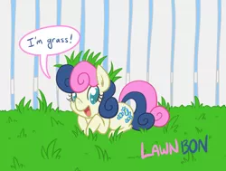 Size: 746x564 | Tagged: safe, artist:atlur, banned from derpibooru, deleted from derpibooru, derpibooru import, bon bon, sweetie drops, earth pony, pony, adorabon, bonafied, bonpun, colored pupils, cute, dialogue, female, grass, looking at you, mare, open mouth, pun, silly, silly pony, solo