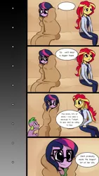 Size: 720x1280 | Tagged: safe, artist:little-tweenframes, banned from derpibooru, deleted from derpibooru, derpibooru import, sci-twi, spike, spike the regular dog, sunset shimmer, twilight sparkle, dog, comic:canine advisory, series:sciset diary, equestria girls, ..., blanket, blanket burrito, clothes, comic, couch, female, lesbian, scitwishimmer, shipping, smiling, speech bubble, sunsetsparkle