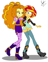 Size: 4624x6053 | Tagged: safe, artist:paulysentry, banned from derpibooru, deleted from derpibooru, derpibooru import, adagio dazzle, sunset shimmer, equestria girls, absurd resolution, boots, clothes, fingerless gloves, gloves, headband, high heel boots, jacket, jewelry, leather jacket, pendant, raised leg, shoes, simple background, transparent background, vector