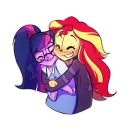 Size: 600x600 | Tagged: safe, artist:little-tweenframes, banned from derpibooru, deleted from derpibooru, derpibooru import, sci-twi, sunset shimmer, twilight sparkle, series:sciset diary, equestria girls, blushing, clothes, cute, eyes closed, female, hug, lesbian, scitwishimmer, shimmerbetes, shipping, simple background, smiling, sunsetsparkle, twiabetes