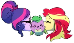 Size: 1000x586 | Tagged: safe, artist:little-tweenframes, banned from derpibooru, deleted from derpibooru, derpibooru import, sci-twi, spike, spike the regular dog, sunset shimmer, twilight sparkle, dog, series:sciset diary, equestria girls, clothes, cute, eyes closed, female, glasses, kiss on the cheek, kiss sandwich, kissing, lesbian, love triangle, male, scitwishimmer, shipping, simple background, smiling, spikabetes, spikelove, sunsetsparkle, transparent background