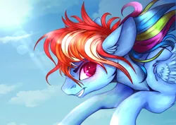 Size: 4093x2894 | Tagged: safe, artist:petrinox, banned from derpibooru, deleted from derpibooru, derpibooru import, rainbow dash, pegasus, pony, absurd resolution, colored pupils, female, flying, mare, solo