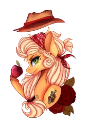 Size: 2894x4093 | Tagged: safe, artist:petrinox, banned from derpibooru, deleted from derpibooru, derpibooru import, applejack, earth pony, pony, absurd resolution, apple, bandana, cowboy hat, food, green eyes, hat, looking at you, simple background, solo, stetson, tattoo, transparent background