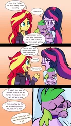 Size: 1280x2286 | Tagged: safe, artist:little-tweenframes, banned from derpibooru, deleted from derpibooru, derpibooru import, sci-twi, spike, spike the regular dog, sunset shimmer, twilight sparkle, dog, series:sciset diary, equestria girls, carrying, clothes, comic, cute, dialogue, female, glasses, jacket, lesbian, looking at each other, scitwishimmer, shimmerbetes, shipping, sleeping, speech bubble, spikabetes, sunsetsparkle, twiabetes