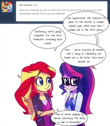 Size: 1300x1500 | Tagged: safe, artist:little-tweenframes, banned from derpibooru, deleted from derpibooru, derpibooru import, sci-twi, sunset shimmer, twilight sparkle, series:sciset diary, equestria girls, clothes, crossed arms, dialogue, duo, female, glasses, lesbian, looking at you, scitwishimmer, shipping, simple background, smiling, speech bubble, sunsetsparkle, tumblr