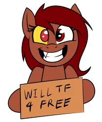 Size: 1003x1200 | Tagged: safe, artist:acesential, banned from derpibooru, deleted from derpibooru, derpibooru import, discord, oc, oc:penny, cute, eris, grin, happy, heterochromia, rule 63, sign, simple background, smiling, solo, transformation, transparent background, will x for y, x was discord all along
