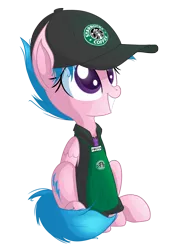 Size: 1867x2632 | Tagged: safe, artist:vito, banned from derpibooru, deleted from derpibooru, derpibooru import, firefly, pony, comic:dash academy, apron, clothes, hat, simple background, sitting, solo, starbucks, teenager, transparent background