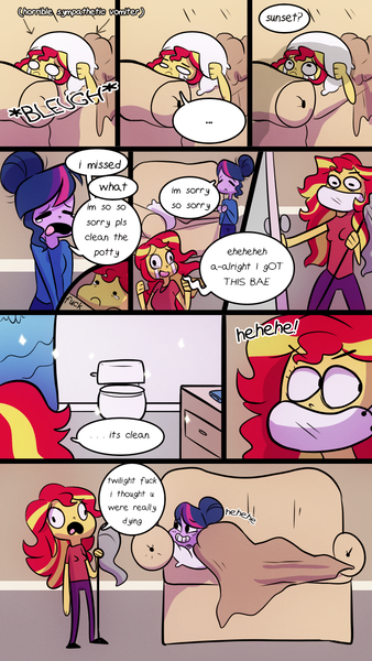 Size: 720x1280 | Tagged: safe, artist:little-tweenframes, banned from derpibooru, deleted from derpibooru, derpibooru import, sci-twi, sunset shimmer, twilight sparkle, series:sciset diary, equestria girls, bathroom, blanket, comic, couch, crying, dialogue, female, hair bun, lesbian, lol, mop, pillow, pregnant, pregnant equestria girls, scitwishimmer, shipping, smiling, speech bubble, sunsetsparkle, toilet, vulgar