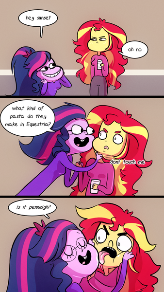 Size: 720x1280 | Tagged: safe, artist:little-tweenframes, banned from derpibooru, deleted from derpibooru, derpibooru import, sci-twi, sunset shimmer, twilight sparkle, series:sciset diary, equestria girls, annoyed, clothes, comic, female, glasses, horse puns, lesbian, licking, lol, pun, scitwishimmer, shipping, silly, speech bubble, sunsetsparkle, tongue out