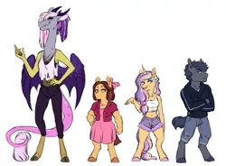 Size: 1280x943 | Tagged: safe, artist:lopoddity, banned from derpibooru, deleted from derpibooru, derpibooru import, oc, oc:bruce, oc:cupcake, oc:magnolia may, oc:pandora, unofficial characters only, anthro, draconequus, earth pony, hybrid, unguligrade anthro, unicorn, pandoraverse, anthro oc, belly button, bow, clothes, crossed arms, draconequus oc, female, hair bow, image, interspecies offspring, jacket, magical lesbian spawn, male, midriff, next generation, offspring, parent:applejack, parent:cheese sandwich, parent:discord, parent:pinkie pie, parent:rarity, parent:twilight sparkle, parents:cheesepie, parents:discolight, parents:rarijack, png, simple background, tanktop, white background