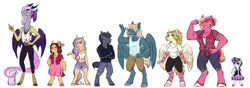 Size: 1600x566 | Tagged: safe, artist:lopoddity, banned from derpibooru, deleted from derpibooru, derpibooru import, oc, oc:aerostorm, oc:bruce, oc:cupcake, oc:magnolia may, oc:pandora, oc:peachy keen, oc:prima donna, oc:rosemary, unofficial characters only, anthro, draconequus, earth pony, hybrid, pegasus, unguligrade anthro, unicorn, pandoraverse, anthro oc, clothes, draconequus oc, female, image, interspecies offspring, line-up, magical lesbian spawn, male, muscles, next generation, offspring, parent:applejack, parent:big macintosh, parent:bulk biceps, parent:cheerilee, parent:cheese sandwich, parent:discord, parent:dumbbell, parent:fluttershy, parent:pinkie pie, parent:rainbow dash, parent:rarity, parent:rumble, parent:sweetie belle, parent:twilight sparkle, parents:cheerimac, parents:cheesepie, parents:discolight, parents:dumbdash, parents:flutterbulk, parents:rarijack, parents:rumbelle, png, simple background, size difference, smiling, trans girl, trans mare, transgender, white background