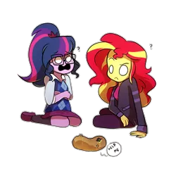 Size: 1000x1000 | Tagged: safe, artist:little-tweenframes, banned from derpibooru, deleted from derpibooru, derpibooru import, sci-twi, sunset shimmer, twilight sparkle, series:sciset diary, equestria girls, clothes, dialogue, female, food, glados, lesbian, portal (valve), potato, question mark, scitwishimmer, shipping, simple background, speech bubble, sunsetsparkle, transparent background, wat, white eyes