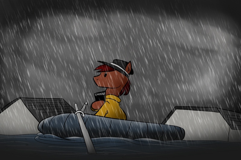 Size: 1200x800 | Tagged: safe, artist:acesential, banned from derpibooru, deleted from derpibooru, derpibooru import, oc, oc:penn, unofficial characters only, flood, hurricane sandy, raft, rain, solo, water