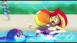 Size: 1280x720 | Tagged: safe, artist:little-tweenframes, banned from derpibooru, deleted from derpibooru, derpibooru import, rainbow dash, sci-twi, sunset shimmer, twilight sparkle, series:sciset diary, equestria girls, :i, ><, abuse, beach ball, belly button, bikini, breasts, busty sunset shimmer, cleavage, clothes, eyes closed, female, lesbian, rainbow douche, scitwishimmer, shimmerbuse, shipping, smiling, sunsetsparkle, swimming pool, swimsuit, trio, water