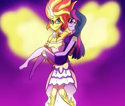 Size: 1280x1084 | Tagged: safe, artist:ajustice90, artist:little-tweenframes, banned from derpibooru, deleted from derpibooru, derpibooru import, sci-twi, sunset shimmer, twilight sparkle, series:sciset diary, equestria girls, barefoot, breasts, bridal carry, carrying, cleavage, clothes, collaboration, daydream shimmer, dress, feet, female, lesbian, looking at each other, scitwishimmer, shipping, smiling, sunsetsparkle