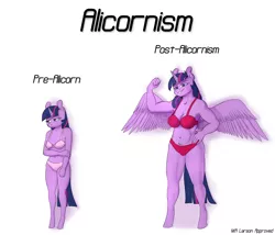 Size: 3500x3000 | Tagged: suggestive, artist:sand-filled-scarecrow, banned from derpibooru, deleted from derpibooru, derpibooru import, twilight sparkle, twilight sparkle (alicorn), alicorn, anthro, unguligrade anthro, unicorn, ascension enhancement, before and after, bra, breasts, buff, cleavage, clothes, female, flexing, image, muscles, panties, pink underwear, png, red underwear, shy, simple background, small breasts, smiling, smirk, spread wings, textless edit, twilight muscle, underwear, white background, wings