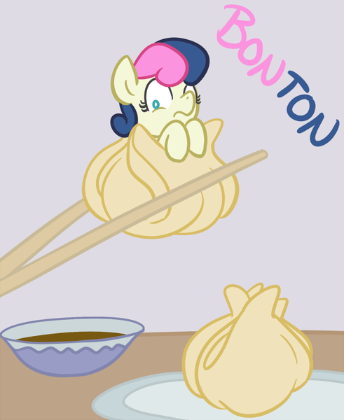 Size: 573x700 | Tagged: safe, artist:atlur, banned from derpibooru, deleted from derpibooru, derpibooru import, bon bon, sweetie drops, adorabon, bonafied, bonpun, chopsticks, cute, ponies in food, pony as food, pun, tumblr, wide eyes, wonton