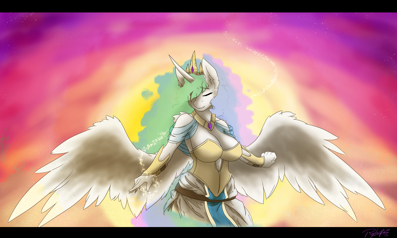 Size: 1600x959 | Tagged: safe, artist:ryhaal, banned from derpibooru, deleted from derpibooru, derpibooru import, princess celestia, alicorn, anthro, armor, armpits, breasts, busty princess celestia, cleavage, clothes, dress, ear fluff, eyes closed, female, hair over one eye, image, magic, png, skirt, smiling, solo, spread wings, summer sun celebration, wings