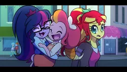 Size: 1280x720 | Tagged: safe, artist:little-tweenframes, banned from derpibooru, deleted from derpibooru, derpibooru import, heath burns, sci-twi, scott green, sunset shimmer, tennis match, twilight sparkle, oc, oc:honeycrisp blossom, series:sciset diary, equestria girls, building, carrying, city, clothes, cute, eyes closed, female, glasses, hug, jacket, lesbian, offspring, parent:big macintosh, parent:princess cadance, parents:cadmac, scitwishimmer, shipping, smiling, sunsetsparkle