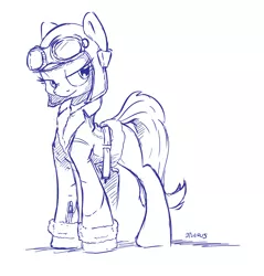 Size: 1280x1339 | Tagged: safe, artist:dilarus, banned from derpibooru, deleted from derpibooru, derpibooru import, earth pony, pony, commission, goggles, hat, monochrome, sketch, solo