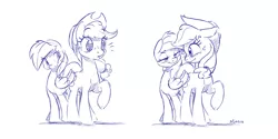 Size: 1280x640 | Tagged: safe, artist:dilarus, banned from derpibooru, deleted from derpibooru, derpibooru import, applejack, rainbow dash, earth pony, pegasus, pony, appledash, blushing, butt touch, commission, feathermarking, female, lesbian, lidded eyes, looking at each other, mare, monochrome, raised hoof, shipping, simple background, sketch, smiling, white background