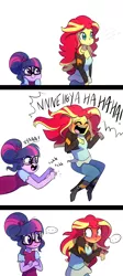 Size: 1062x2378 | Tagged: dead source, safe, artist:little-tweenframes, banned from derpibooru, deleted from derpibooru, derpibooru import, sci-twi, sunset shimmer, twilight sparkle, series:sciset diary, equestria girls, ..., :i, blushing, boots, c:, comic, cute, descriptive noise, female, frown, horse noises, humans doing horse things, image, laughing, lesbian, looking back, neigh, open mouth, png, scitwishimmer, shimmerbetes, shipping, shoes, simple background, smiling, sunsetsparkle, tickling, twiabetes, whinny, white background, wide eyes