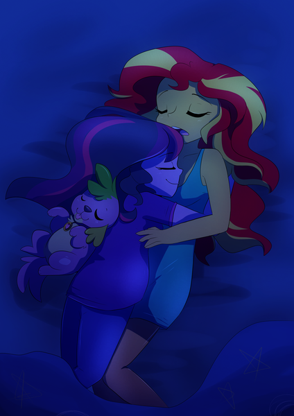 Size: 1280x1810 | Tagged: safe, artist:little-tweenframes, banned from derpibooru, deleted from derpibooru, derpibooru import, sci-twi, spike, spike the regular dog, sunset shimmer, twilight sparkle, dog, series:sciset diary, equestria girls, bed, clothes, cuddling, cute, female, lesbian, pajamas, pregnant, pregnant equestria girls, scitwishimmer, shipping, sleeping, smiling, sunsetsparkle, tongue out, trio