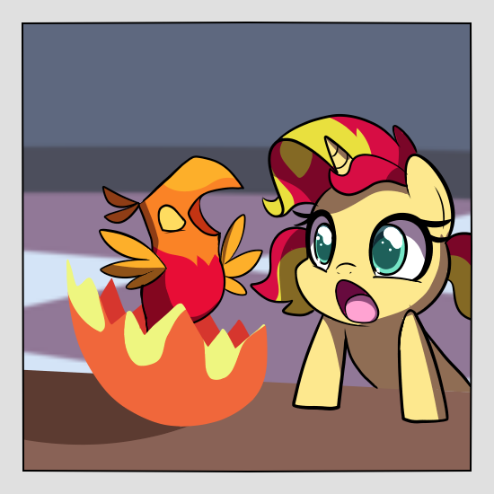 Size: 550x550 | Tagged: safe, artist:little-tweenframes, banned from derpibooru, deleted from derpibooru, derpibooru import, philomena, sunset shimmer, phoenix, pony, unicorn, cute, duo, egg, hatching, hatchling, phoenix chick, phoenix egg, shimmerbetes, younger