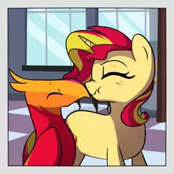 Size: 550x550 | Tagged: safe, artist:little-tweenframes, banned from derpibooru, deleted from derpibooru, derpibooru import, philomena, sunset shimmer, phoenix, pony, unicorn, boop, noseboop