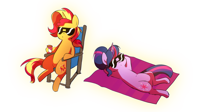 Size: 1280x720 | Tagged: safe, artist:little-tweenframes, banned from derpibooru, deleted from derpibooru, derpibooru import, sci-twi, sunset shimmer, twilight sparkle, ponified, pony, unicorn, series:sciset diary, equestria girls, duo, equestria girls ponified, female, lesbian, mare, pregnant, relaxing, scitwishimmer, shipping, simple background, sunglasses, sunsetsparkle, transparent background