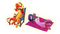 Size: 1280x720 | Tagged: safe, artist:little-tweenframes, banned from derpibooru, deleted from derpibooru, derpibooru import, sci-twi, sunset shimmer, twilight sparkle, ponified, pony, unicorn, series:sciset diary, equestria girls, duo, equestria girls ponified, female, lesbian, mare, pregnant, relaxing, scitwishimmer, shipping, simple background, sunglasses, sunsetsparkle, transparent background