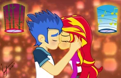 Size: 7281x4732 | Tagged: safe, artist:paulysentry, banned from derpibooru, deleted from derpibooru, derpibooru import, flash sentry, sunset shimmer, equestria girls, absurd resolution, blushing, female, flashimmer, kissing, male, shipping, straight