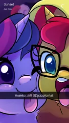 Size: 640x1136 | Tagged: safe, artist:little-tweenframes, banned from derpibooru, deleted from derpibooru, derpibooru import, sci-twi, sunset shimmer, twilight sparkle, ponified, pony, unicorn, series:sciset diary, equestria girls, cheek squish, cute, female, lesbian, looking at you, mare, scitwishimmer, selfie, shimmerbetes, shipping, silly, silly face, silly pony, smiling, snapchat, squishy cheeks, sunsetsparkle, sunspecs shimmer, text, twiabetes