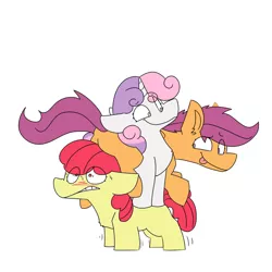 Size: 4500x4500 | Tagged: safe, artist:input-command, banned from derpibooru, deleted from derpibooru, derpibooru import, apple bloom, scootaloo, sweetie belle, pony, absurd resolution, blushing, pony pile, simple background, sweat, tower of pony, white background