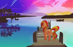 Size: 2300x1500 | Tagged: safe, artist:hiccupsdoesart, banned from derpibooru, deleted from derpibooru, derpibooru import, sunset shimmer, pony, boat, pier, river, shooting star, smiling, solo, stars, sunset, tree, water