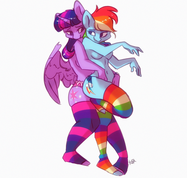 Size: 1569x1493 | Tagged: questionable, artist:hiccupsdoesart, banned from derpibooru, deleted from derpibooru, derpibooru import, rainbow dash, twilight sparkle, twilight sparkle (alicorn), alicorn, anthro, pegasus, plantigrade anthro, adorasexy, bedroom eyes, belly button, blue underwear, breasts, clothes, cute, female, image, lesbian, looking at each other, panties, pink underwear, png, rainbow socks, ribbon, sexy, shipping, side knot underwear, simple background, smiling, socks, spread wings, stockings, striped socks, thigh highs, twidash, underwear, white background, wings